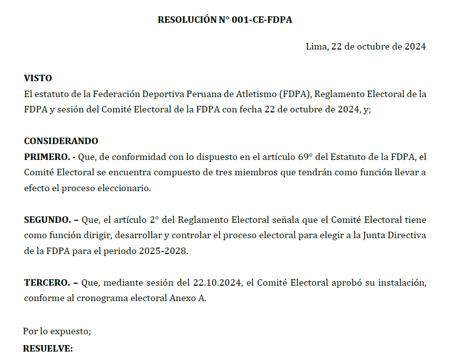 Resolución N° 0001 – Comité Electoral